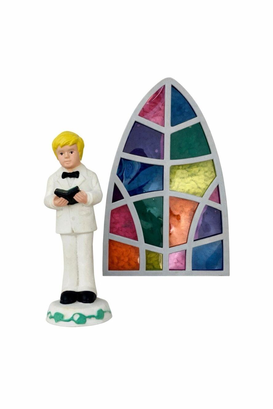 First Communion Blond Boy Cake Topper Gift Keepsake Vintage White Suit Bible